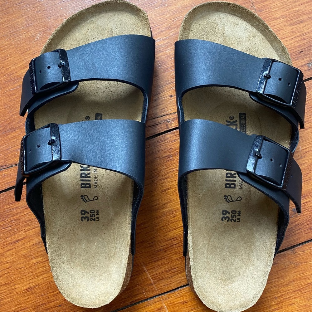 Black Leather Arizona Birkenstock Professional Sandals sz 39 Wide